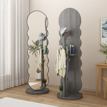 Modern Minimalist Oval Round Wavy Medium Density Fiberboard Glass Rotatable Full-Length Floor Mirror 2-Tier For Bedroom