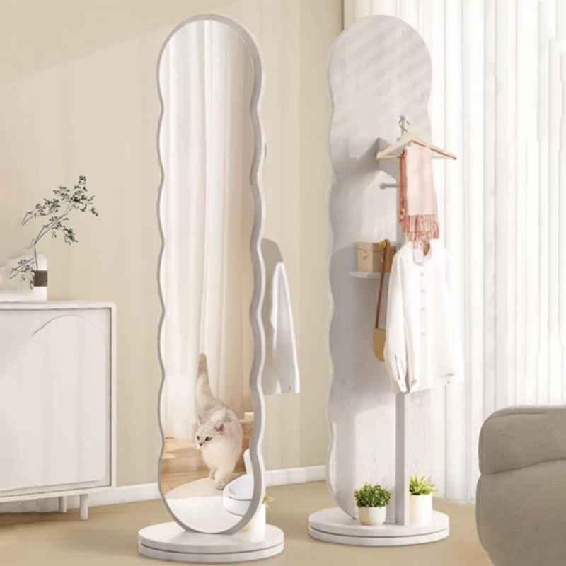 Modern Minimalist Oval Round Wavy Medium Density Fiberboard Glass Rotatable Full-Length Floor Mirror 2-Tier For Bedroom