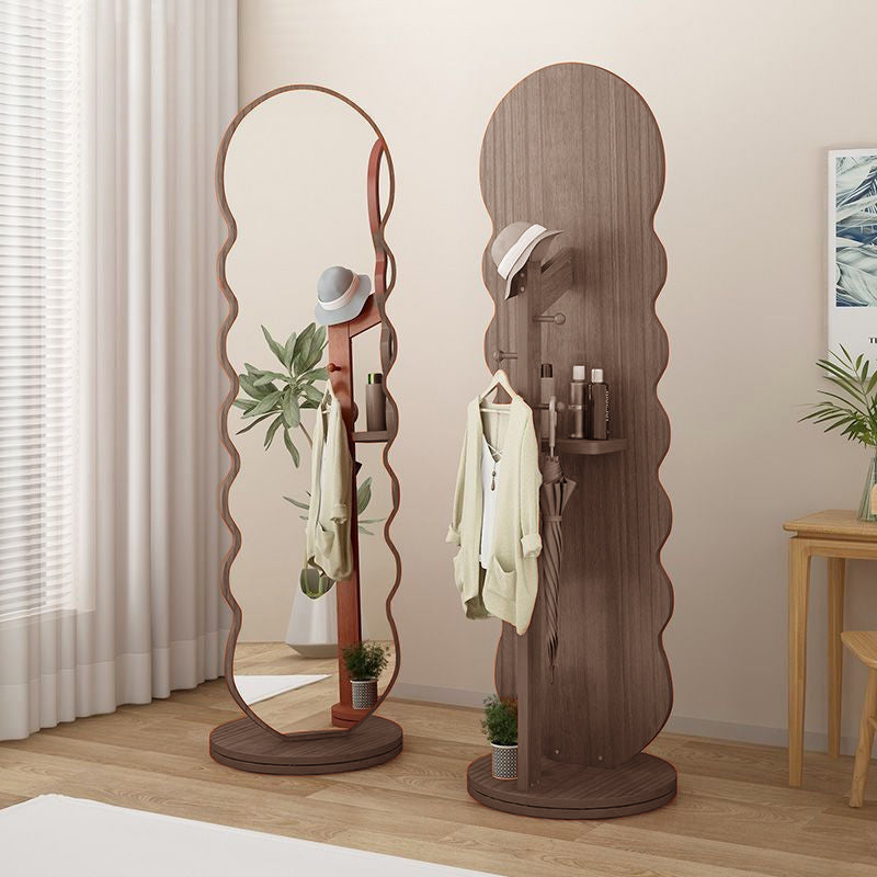 Modern Minimalist Oval Round Wavy Medium Density Fiberboard Glass Rotatable Full-Length Floor Mirror 2-Tier For Bedroom
