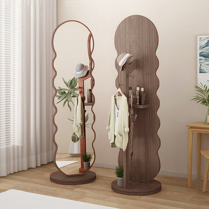 Modern Minimalist Oval Round Wavy Medium Density Fiberboard Glass Rotatable Full-Length Floor Mirror 2-Tier For Bedroom
