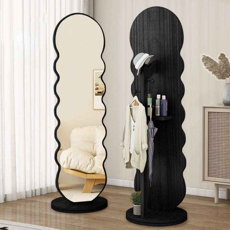Modern Minimalist Oval Round Wavy Medium Density Fiberboard Glass Rotatable Full-Length Floor Mirror 2-Tier For Bedroom