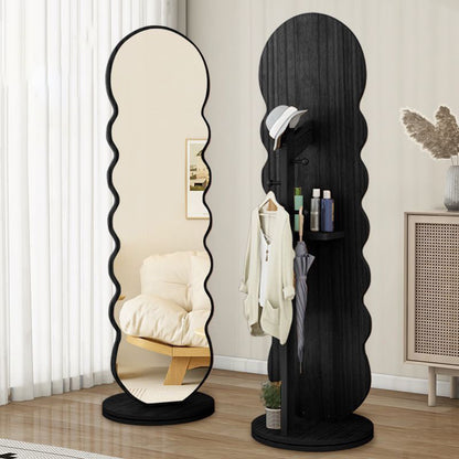 Modern Minimalist Oval Round Wavy Medium Density Fiberboard Glass Rotatable Full-Length Floor Mirror 2-Tier For Bedroom