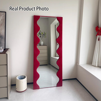 Modern Minimalist Rectangular Wave-Edge Design Medium Density Fiberboard Velvet Glass Wall Mirror Leaning Full-Length Floor Mirror For Bedroom