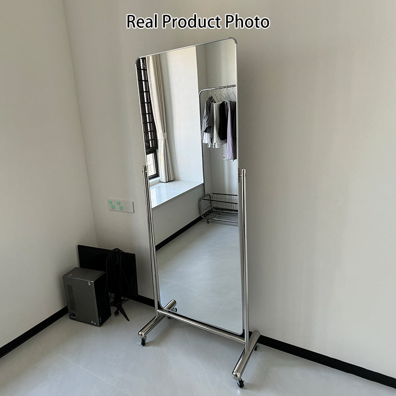 Modern Minimalist Rectangular Stainless Steel Glass Mobile Full-Length Floor Mirror For Living Room