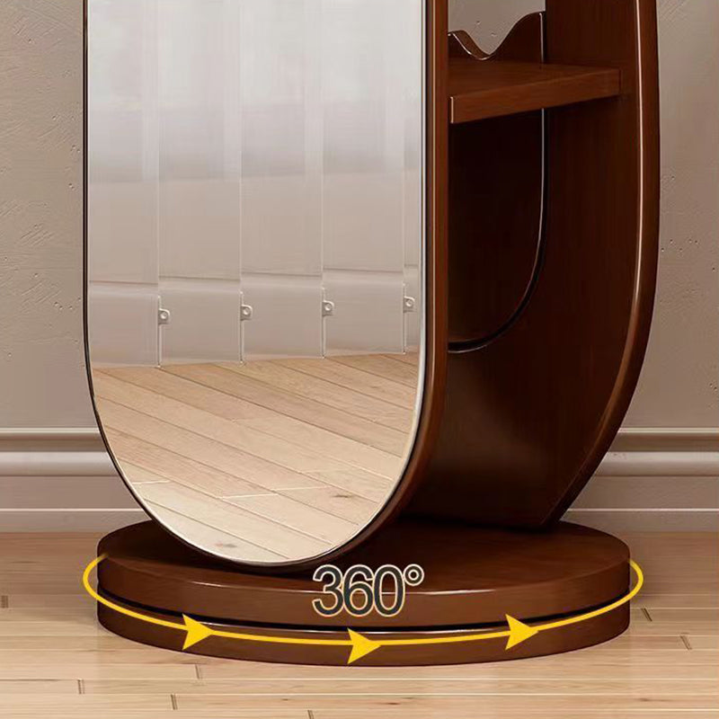 Traditional Chinese Round Pipa-Shaped Rubberwood Eucalyptus Wood Glass Rotating Full-Length Floor Mirror 2-Tier For Living Room