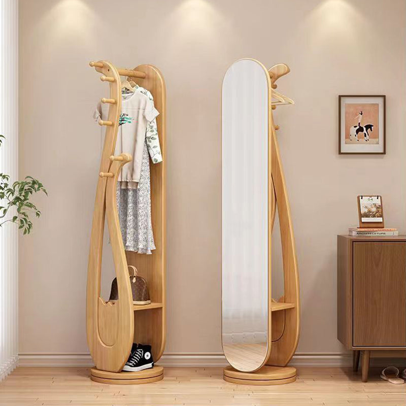 Traditional Chinese Round Pipa-Shaped Rubberwood Eucalyptus Wood Glass Rotating Full-Length Floor Mirror 2-Tier For Living Room
