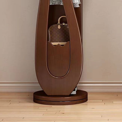 Traditional Chinese Round Pipa-Shaped Rubberwood Eucalyptus Wood Glass Rotating Full-Length Floor Mirror 2-Tier For Living Room