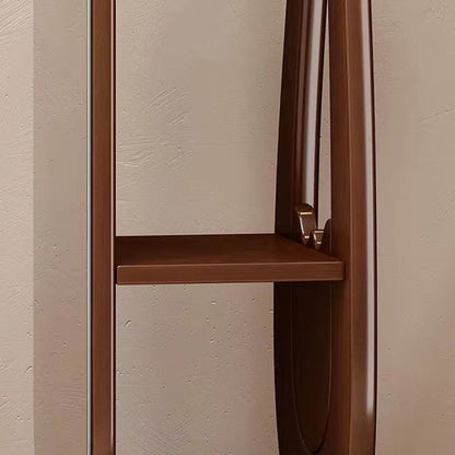 Traditional Chinese Round Pipa-Shaped Rubberwood Eucalyptus Wood Glass Rotating Full-Length Floor Mirror 2-Tier For Living Room