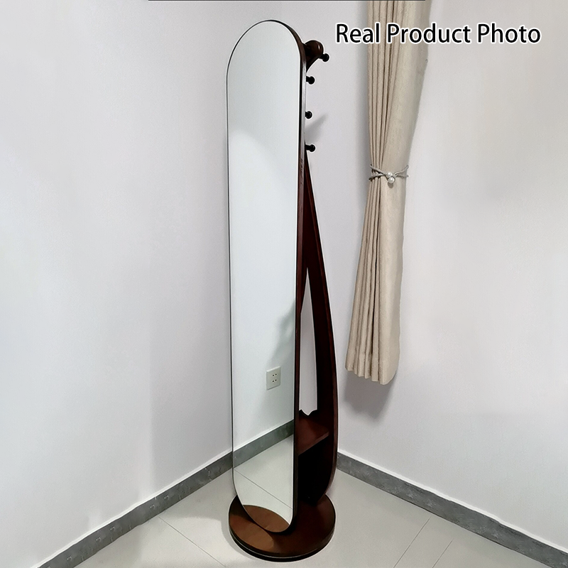 Traditional Chinese Round Pipa-Shaped Rubberwood Eucalyptus Wood Glass Rotating Full-Length Floor Mirror 2-Tier For Living Room