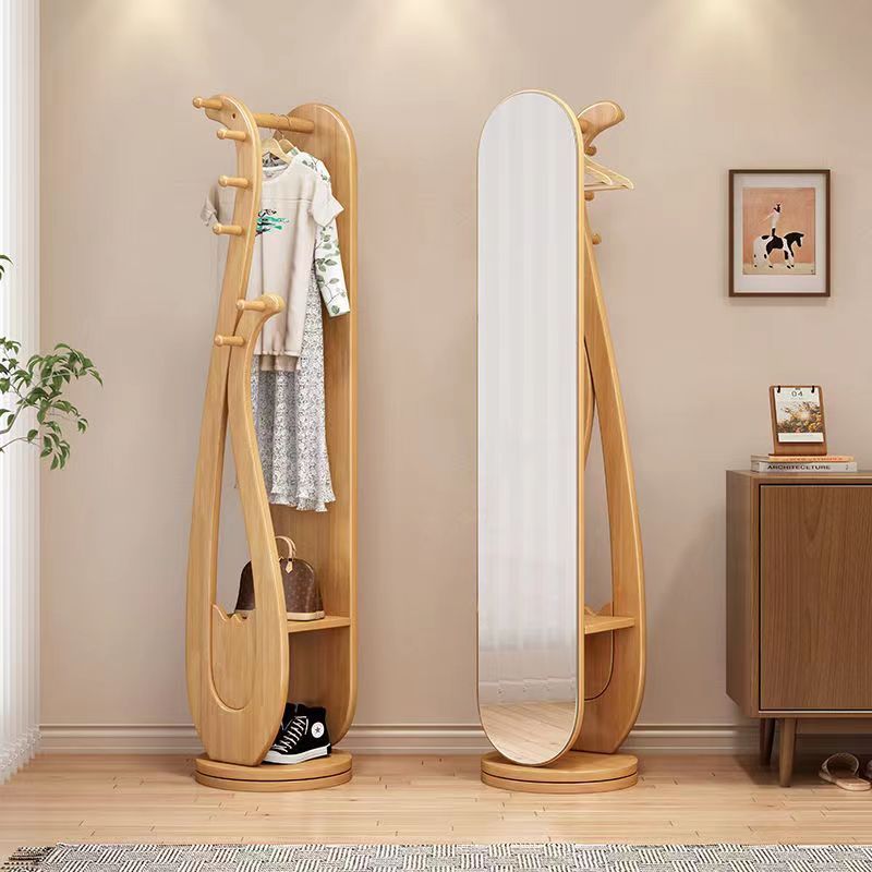 Traditional Chinese Round Pipa-Shaped Rubberwood Eucalyptus Wood Glass Rotating Full-Length Floor Mirror 2-Tier For Living Room