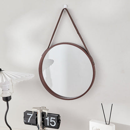 Modern Minimalist Round Faux Leather Medium Density Fiberboard Glass Wall Mirror Hanging Mirror For Bedroom