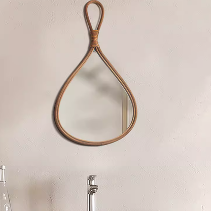 Traditional Chinese Round Teardrop-Shaped Natural Rattan Medium Density Fiberboard Glass Wall Mirror Hanging Mirror For Bedroom