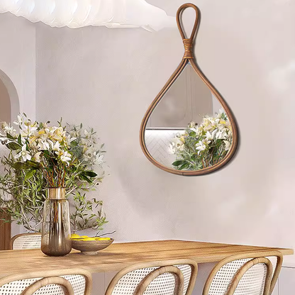 Traditional Chinese Round Teardrop-Shaped Natural Rattan Medium Density Fiberboard Glass Wall Mirror Hanging Mirror For Bedroom