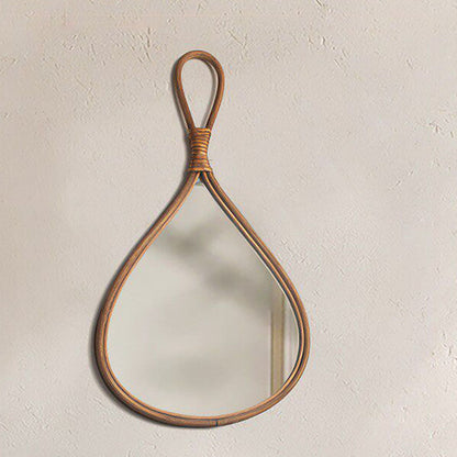 Traditional Chinese Round Teardrop-Shaped Natural Rattan Medium Density Fiberboard Glass Wall Mirror Hanging Mirror For Bedroom