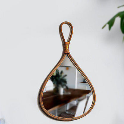 Traditional Chinese Round Teardrop-Shaped Natural Rattan Medium Density Fiberboard Glass Wall Mirror Hanging Mirror For Bedroom