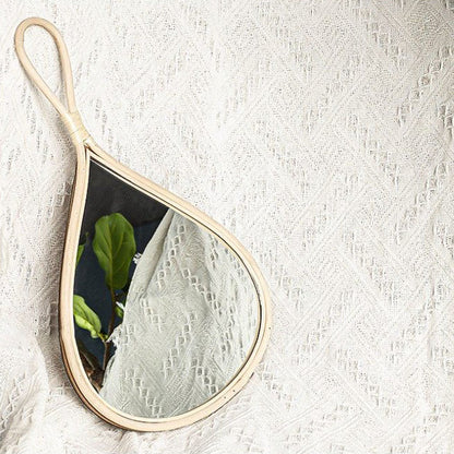 Traditional Chinese Round Teardrop-Shaped Natural Rattan Medium Density Fiberboard Glass Wall Mirror Hanging Mirror For Bedroom