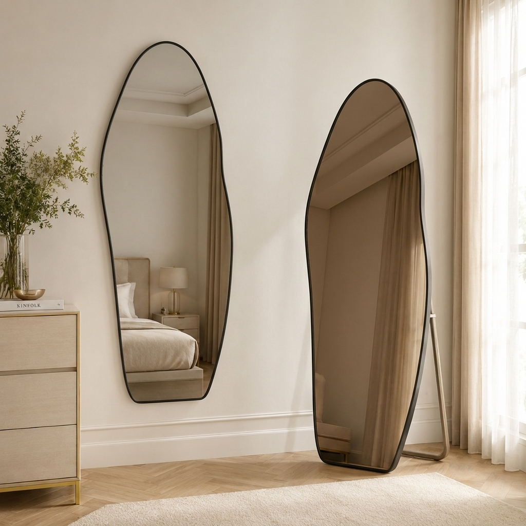 Modern Minimalist Curved Glass Aluminum Alloy Medium Density Fiberboard Wall Mirror For Bedroom