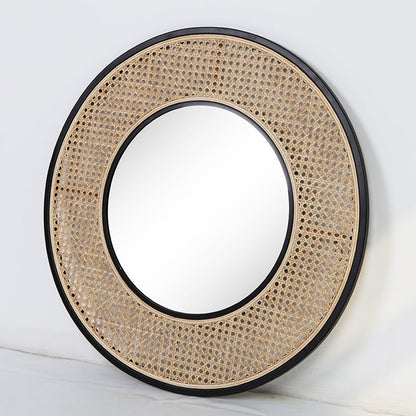 Contemporary Iron & Natural Rattan Round Wall Mirror - Nordic Functional Art Piece & Sizes Available For Living Room