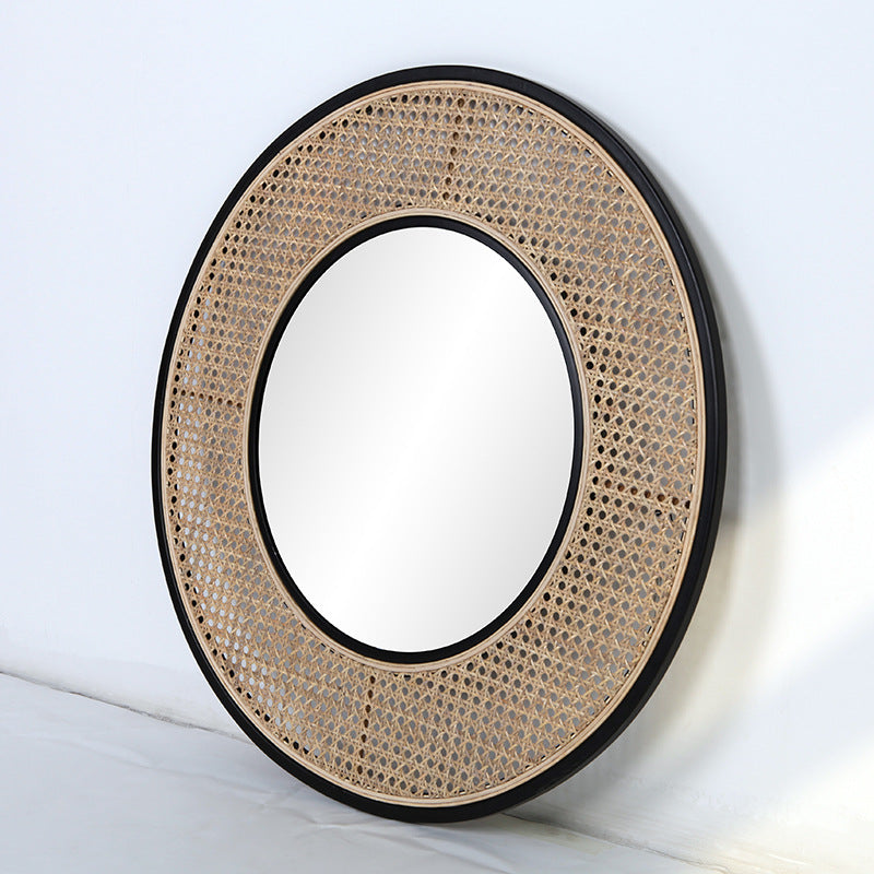 Contemporary Iron & Natural Rattan Round Wall Mirror - Nordic Functional Art Piece & Sizes Available For Living Room
