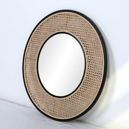 Contemporary Iron & Natural Rattan Round Wall Mirror - Nordic Functional Art Piece & Sizes Available For Living Room