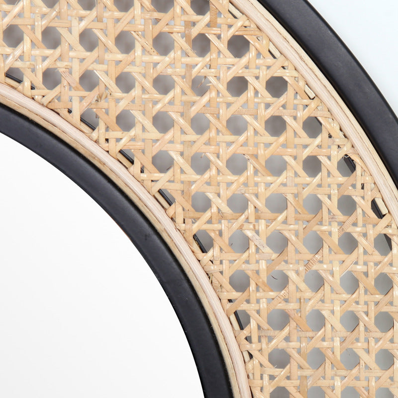 Contemporary Iron & Natural Rattan Round Wall Mirror - Nordic Functional Art Piece & Sizes Available For Living Room