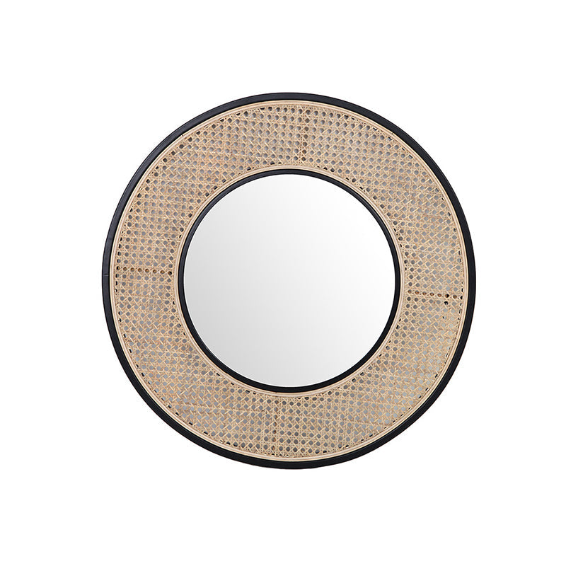 Contemporary Iron & Natural Rattan Round Wall Mirror - Nordic Functional Art Piece & Sizes Available For Living Room