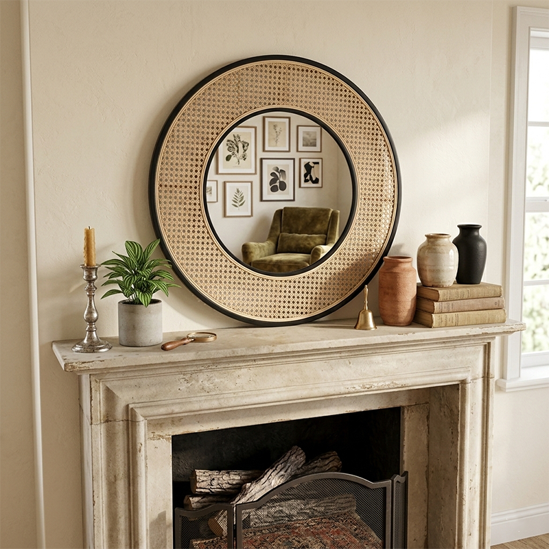 Contemporary Iron & Natural Rattan Round Wall Mirror - Nordic Functional Art Piece & Sizes Available For Living Room