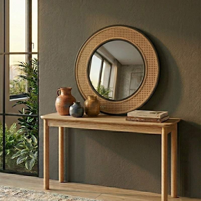 Contemporary Iron & Natural Rattan Round Wall Mirror - Nordic Functional Art Piece & Sizes Available For Living Room