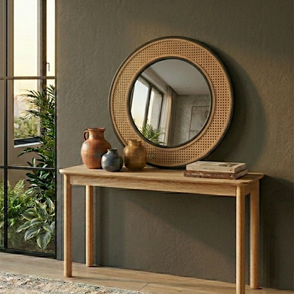 Contemporary Iron & Natural Rattan Round Wall Mirror - Nordic Functional Art Piece & Sizes Available For Living Room