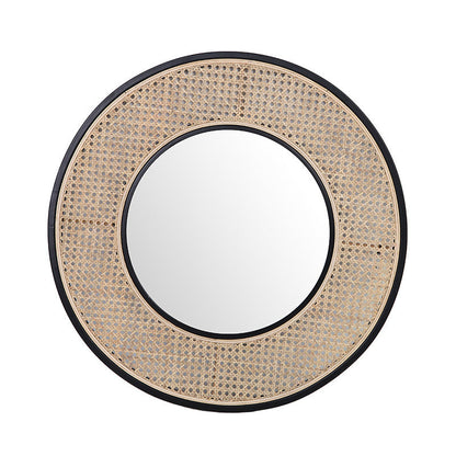 Contemporary Iron & Natural Rattan Round Wall Mirror - Nordic Functional Art Piece & Sizes Available For Living Room