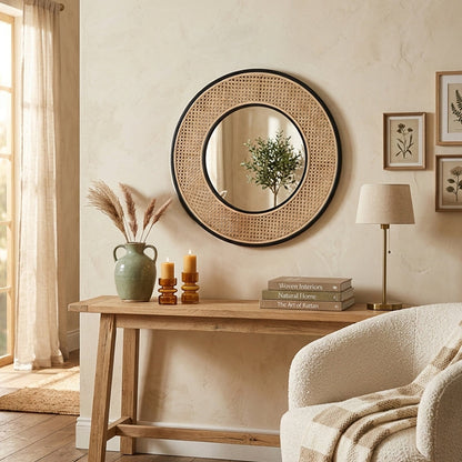 Contemporary Iron & Natural Rattan Round Wall Mirror - Nordic Functional Art Piece & Sizes Available For Living Room