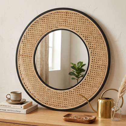 Contemporary Iron & Natural Rattan Round Wall Mirror - Nordic Functional Art Piece & Sizes Available For Living Room