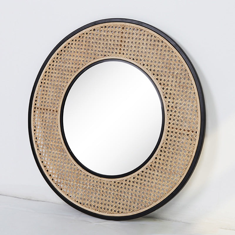 Contemporary Iron & Natural Rattan Round Wall Mirror - Nordic Functional Art Piece & Sizes Available For Living Room