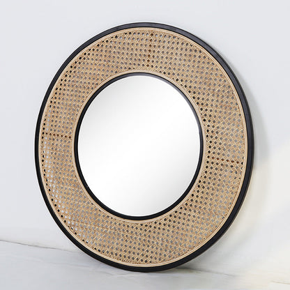 Contemporary Iron & Natural Rattan Round Wall Mirror - Nordic Functional Art Piece & Sizes Available For Living Room