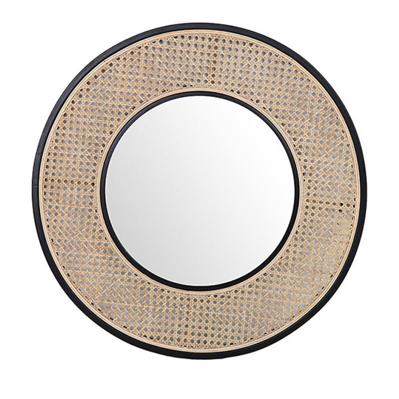 Contemporary Iron & Natural Rattan Round Wall Mirror - Nordic Functional Art Piece & Sizes Available For Living Room