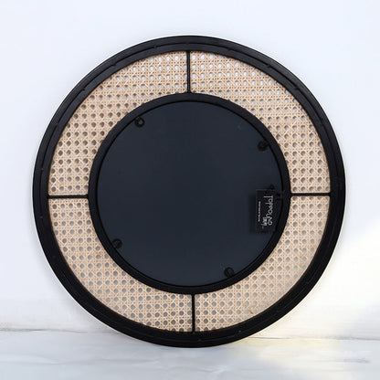 Contemporary Iron & Natural Rattan Round Wall Mirror - Nordic Functional Art Piece & Sizes Available For Living Room