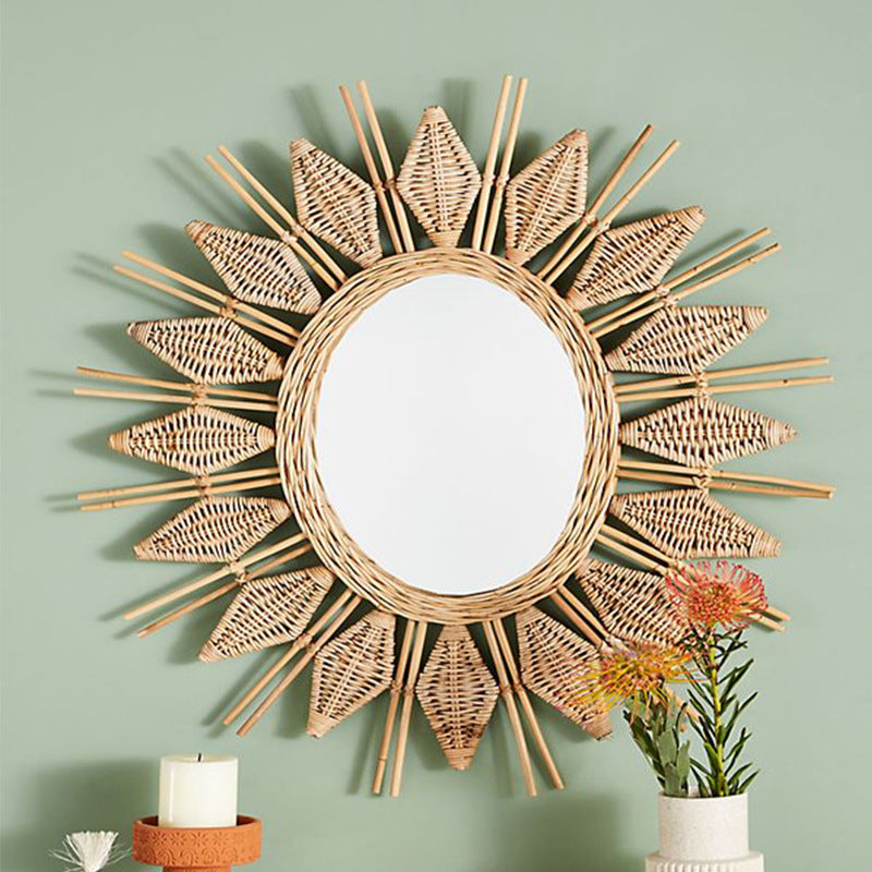 Handmade Natural Rattan Round Wall Mirror - Boho Eco-Friendly Wall Art Mirror For Living Room