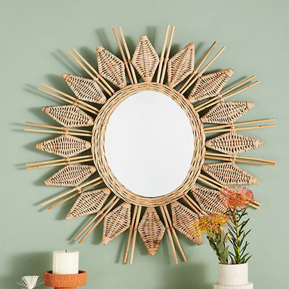 Handmade Natural Rattan Round Wall Mirror - Boho Eco-Friendly Wall Art Mirror For Living Room
