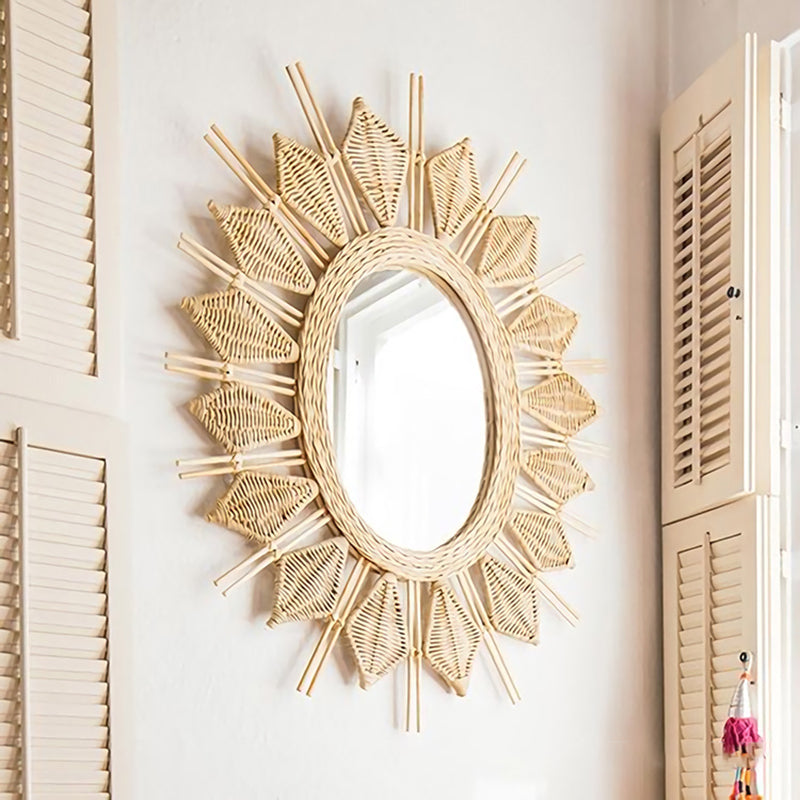 Handmade Natural Rattan Round Wall Mirror - Boho Eco-Friendly Wall Art Mirror For Living Room