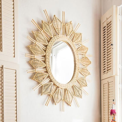 Handmade Natural Rattan Round Wall Mirror - Boho Eco-Friendly Wall Art Mirror For Living Room
