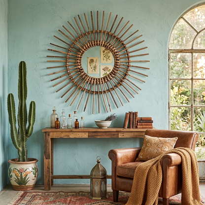 Natural Rattan Sun-shaped Wall Mirror - Boho Wall Decor & Handcrafted Design For Living Room