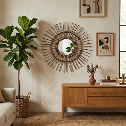 Natural Rattan Sun-shaped Wall Mirror - Boho Wall Decor & Handcrafted Design For Living Room