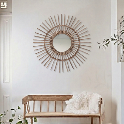Natural Rattan Sun-shaped Wall Mirror - Boho Wall Decor & Handcrafted Design For Living Room