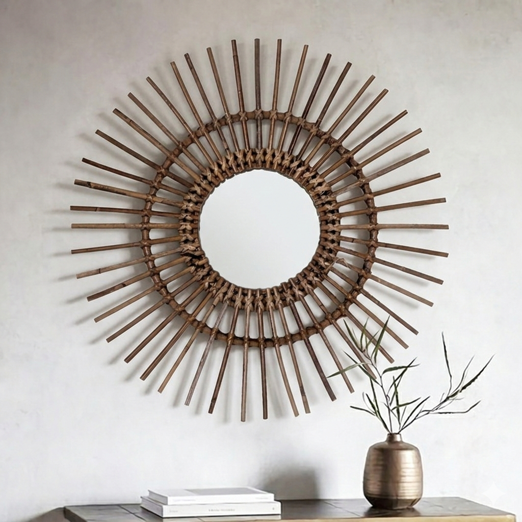 Natural Rattan Sun-shaped Wall Mirror - Boho Wall Decor & Handcrafted Design For Living Room