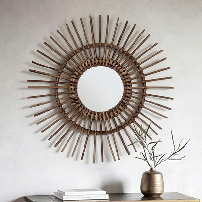 Natural Rattan Sun-shaped Wall Mirror - Boho Wall Decor & Handcrafted Design For Living Room