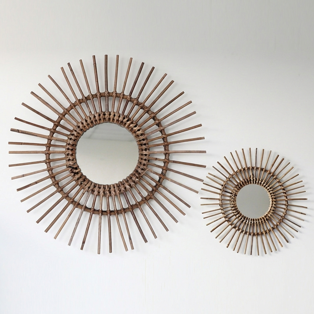 Natural Rattan Sun-shaped Wall Mirror - Boho Wall Decor & Handcrafted Design For Living Room
