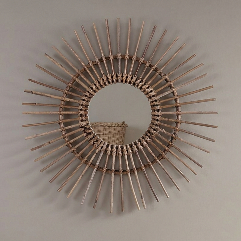 Natural Rattan Sun-shaped Wall Mirror - Boho Wall Decor & Handcrafted Design For Living Room