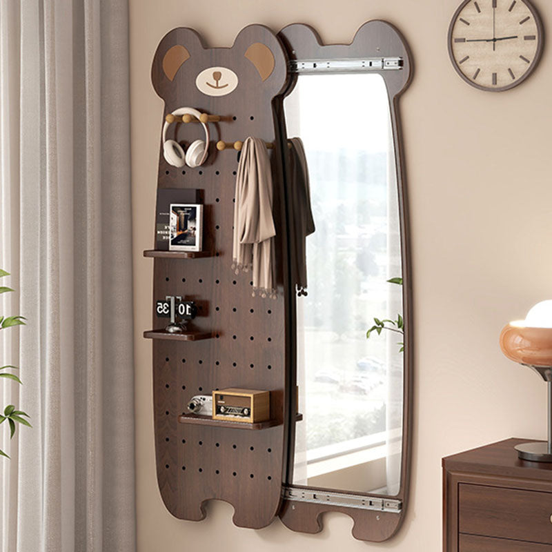Contemporary Creative Particleboard Glass Bear-shaped Sliding Wall Mirror With DIY Pegboard Storage For Bedroom & Living Room