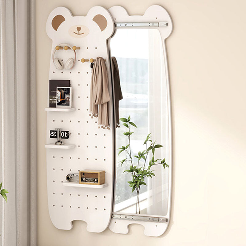 Contemporary Creative Particleboard Glass Bear-shaped Sliding Wall Mirror With DIY Pegboard Storage For Bedroom & Living Room