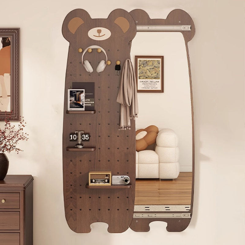 Contemporary Creative Particleboard Glass Bear-shaped Sliding Wall Mirror With DIY Pegboard Storage For Bedroom & Living Room
